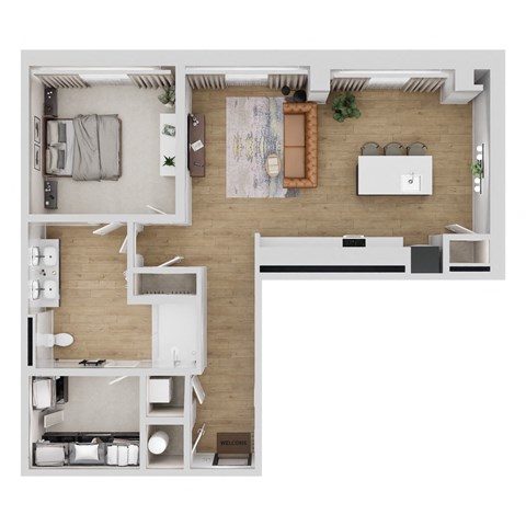 A top-down view of a modern apartment layout with a kitchen, living room, and bedroom.